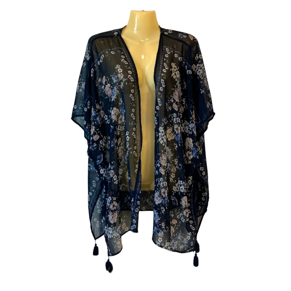 Rewind Open Front Beach Coverup Bohemian Kimono Wrap Tassels Floral Print Medium